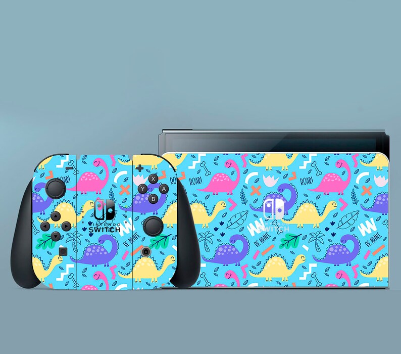 Nintendo Repeating Pattern Pastel Dinos Switch Skin Blue Switch Skin Animal Switch OLED Sticker ...