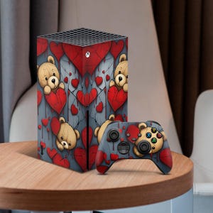 Girl Skin Decal For Xbox Series X S Teddy bear Console And Controller Hearts Full Wrap Vinyl Red Texture Xbox Series One S Skin