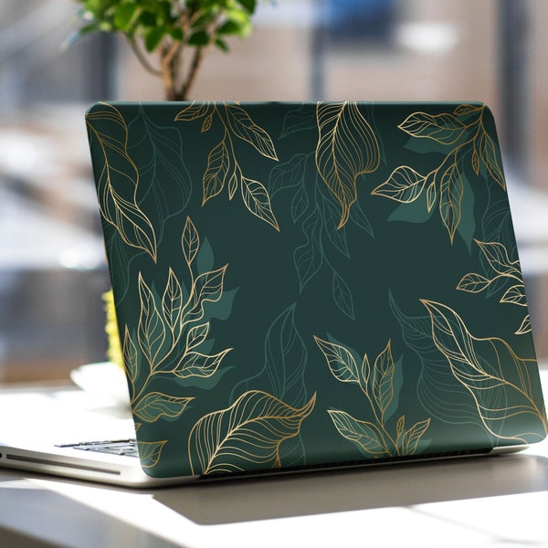 Green Leaves Skin Laptop Gold Notebook Vinyl Dell XPS HP Envy Lenovo Asus Vivobook Acer Spin Decal Full Coverage Skin Sticker Trendy