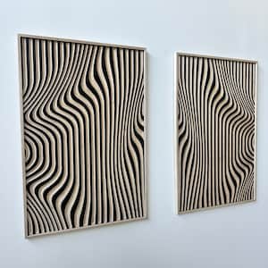 Könnte beinhalten: Zwei gerahmte abstrakte Wandbilder in Schwarzweiß mit einem welligen, gestreiften Muster.