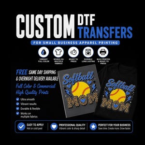 May include: Custom DTF transfers for apparel printing. The image shows a design with a softball and the word "Mom". The design is on a black t-shirt and a transfer sheet. The text includes "Vibrant Full Color" and "Easy to Apply".