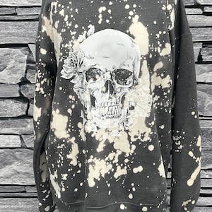 Floral Rose Skull Charcoal Crewneck With Splatters Reversed Tie