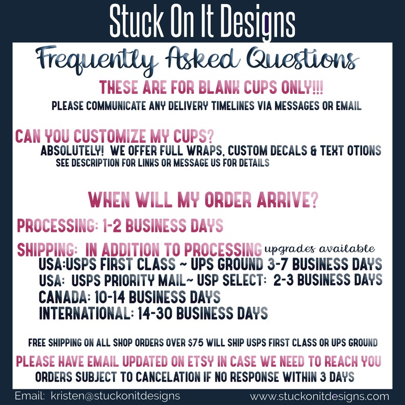 May include: A white and navy blue graphic with the text "Stuck On It Designs" and "Frequently Asked Questions". The text answers questions about blank cups, customization, and order arrival times. Contact information is also provided.