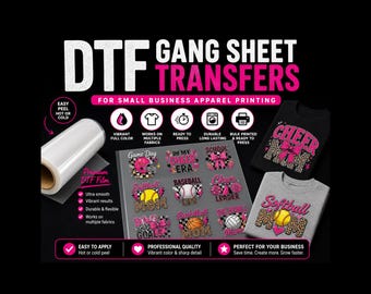 May include: DTF gang sheet transfers for small business apparel printing. The image shows a roll of premium DTF film and a sheet of various sports-themed designs. Two t-shirts with the words "Cheer Mom" and "Softball Mom" are also displayed.