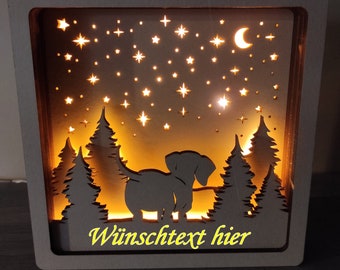 peronizable image with dachshund under the starry sky, illuminated, memory image