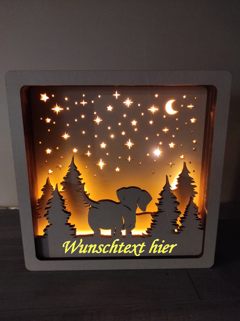 Personalizable picture with a dachshund under the starry sky, illuminated, souvenir picture image 1