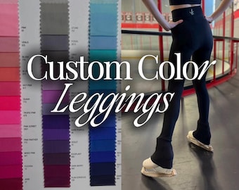 May include: A color swatch chart featuring various shades of pink, purple, and blue alongside a pair of black high-waisted leggings with a small logo on the waistband, worn over beige ice skates. The text Custom Color Leggings is overlaid.