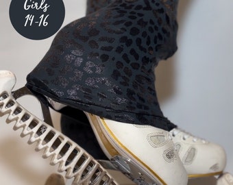 Black Leopard Print Over the Boot High-Waisted Figure Skating Leggings Girls Size 14-16 Skating Practice Apparel, Figure Skating Activewear