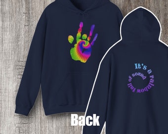 Jerry Garcia Rainbow Tie-dye Swirl Handprint and "Music Never Stopped Rainbow full of sound" Two-Sided Unisex Heavy Blend Hooded Sweatshirt