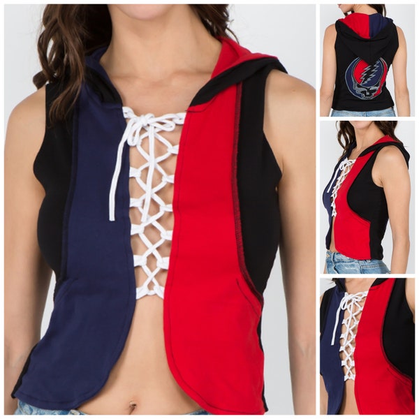 Grateful Dead Officially Licensed Red/Blue/Black Minnie Vest Cotton Lace-Up Hoodie with Steal Your Face Applique Size Womans Large ONLY