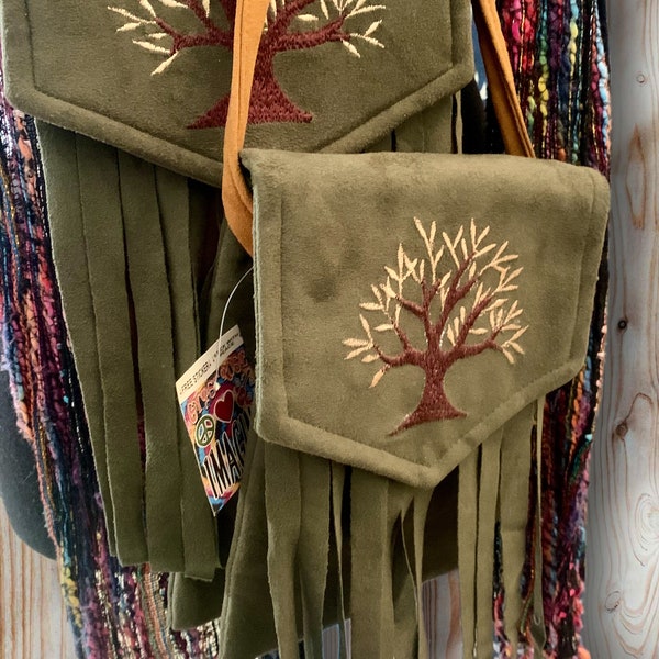 Vegan Chic Pseudo Suede Fringe embroidered Sacred Tree 2-pocket Crossbody Bag