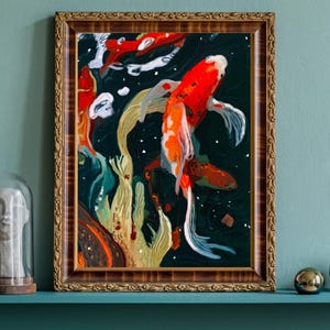 Koi Pond Painting – Hand-Illustrated Fish Painting, Printable Digital Download, Tranquil Nature Art, Oil Painting Wall Decor, Japanese Art