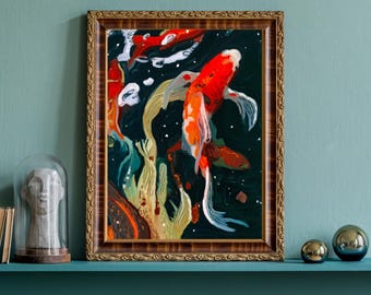 Koi Pond Oil Painting: Japanese Nature Art (Digital Download