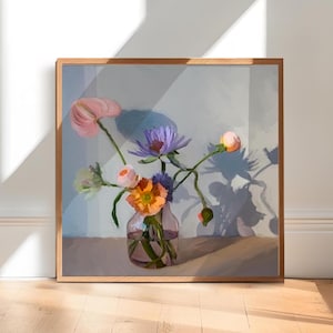 Pastel Flowers Still Life Painting, Printable Art,  Downloadable File, Oil Painting, Sunlit Flower Art, Original Artwork, Spring Bouquet