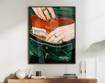 Lámina decorativa de bolso de diseñador, chica a la moda, glamurosa, descarga digital de lujo de diseñador, verde esmeralda