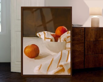 Still Life Painting of Fruit, Apricots, Digital Download, Kitchen Wall Art, Brown and Orange