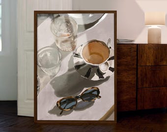 May include: A framed artwork depicts a still life with a cup and saucer, two glasses, and sunglasses. The cup and saucer have a black and white pattern. The sunglasses have a tortoiseshell frame. The artwork is in a brown frame.