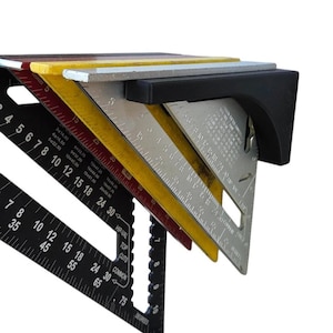May include: A collection of metal and composite speed squares in various colors, including black, yellow, silver, and red. Each square features etched measurement markings and degree indicators, essential for carpentry and construction tasks.