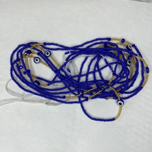 Blue/Gold/Crystals /Evil Eye waist beads/ women waist beads/ African waist beads/ waist beads/ tie on waist beads/ up 60inches long.