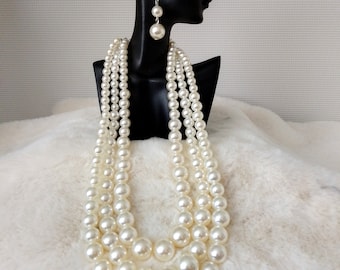 3 Layered Pearl Choker Necklace Statement with earrings