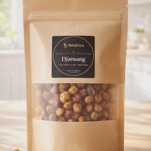 May include: A brown paper stand-up pouch containing Djansang seeds. The black label features the text Yelafrica, 100% Natural, Djansang, Also know as Akpi / Seeds / Njangsa, and Product of Cameroon. A clear window reveals the round, tan-coloured seeds.
