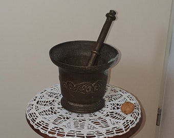 Antique heavy mortar complete with pestle and dark patina