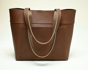 Large Tote Bag with Pocket. Shoulder bag . Handmade Brown