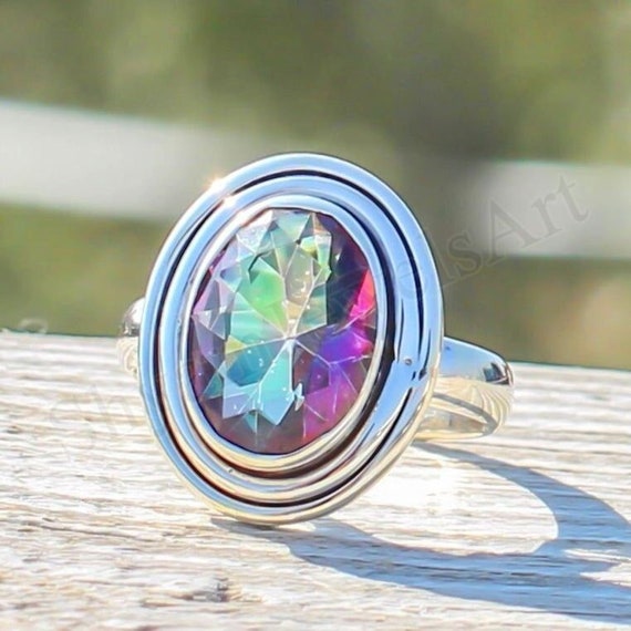 Simple Band Ring Oval Gemstone Rings On Sale Beautiful Mystic Topaz Ring Faceted Gemstone Twisted Bezel Gift Ring 925 Sterling Silver
