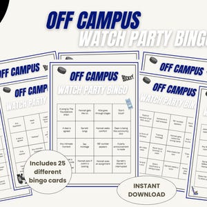 Puede incluir: Una colección de tarjetas de bingo Off Campus Watch Party con fondo blanco y texto azul. Cada tarjeta incluye una cuadrícula con varias indicaciones, iconos de hockey y el texto Season One, Includes 25 different bingo cards, Instant Download.
