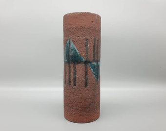 A Norwegian (?) Terracotta Cylinder Vase Partially Glazed Witn Stylized "Sailboat" Decoration.