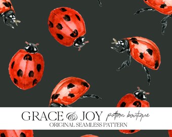 Ladybug White and Crimson Watercolor Seamless Pattern - Playful, Nature, Red and White, Kids, Commercial Use, Digital Download,