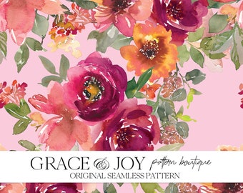 Purple and Pink Greenery Floral Seamless Pattern - Bold Colors, Vibrant, Wedding Floral, Bouquet, Digital Download, Commercial Use, POD
