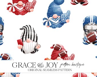 American Football Gnomes Watercolor Seamless Pattern, Whimsical Art, Game Day Gnomes, Playful Pattern, Football Gnomes, Fandom Fun for Gnome