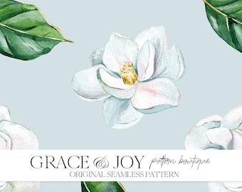 White Magnolia Watercolor with Green Leaves Seamless Pattern, Chic & Fashion Floral for Commercial Use, Digital Download, Pink Green Pattern