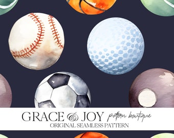 Watercolor Sports Balls: Baseball, Soccer, Basket, Tennis - Seamless Pattern for Print on Demand, Digital Download, Commercial Use File
