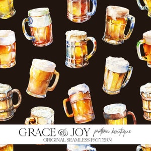 May include: A seamless pattern featuring watercolor illustrations of various beer mugs on a black background. The mugs are filled with beer and have a foamy head. The pattern is perfect for creating a fun and festive atmosphere.