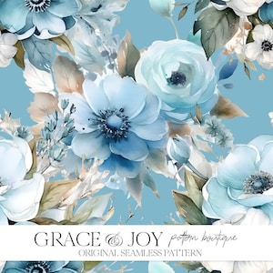 Luxuriöse aquamarinblaue Rosen und Anemonenblumen nahtloses Muster - Kommerzielle Nutzung, digitaler Download, Print on Demand - Kinderzimmer Kunst, Geschenk