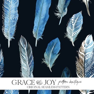Inheemse veren blauw donker azuurblauw indigo naadloos patroon - tribal, etnisch, boho, cultureel ontwerp voor print on demand - digitale download