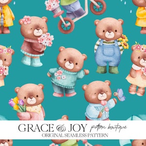 Padrão sem emenda de berçário de ursinho de pelúcia fofo, uso comercial, download digital, impressão sob demanda, padrão infantil, padrão de sala de jogos, brinquedo macio
