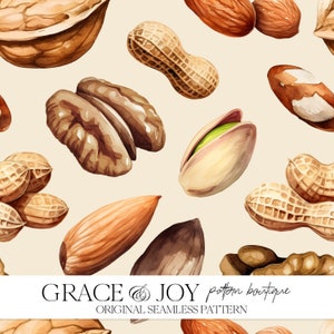 Padrão sem costura da arte em aquarela de nozes: designs exclusivos para impressão sob demanda e decoração de cozinha, uso comercial, download digital inspirado na natureza