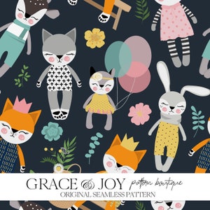 Entzückende kleine Tiere nahtlose Muster - kommerzielle Nutzung, digitaler Download, Märchen, Fox Bunny Deer, wunderliche Muster, Kinderzimmer Dekor
