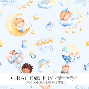 Naadloos patroon babyjongen dutje, commercieel gebruik, digitale download, print on demand, peuternachtkleding, bedtijd, kinderen slapen, beddengoedpatroon