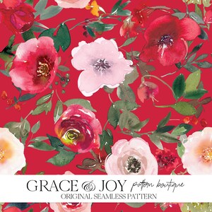 Buquê de flores vermelhas e rosa padrão sem emenda em aquarela - download digital, uso comercial, impressão sob demanda, padrão de casamento, dia dos namorados