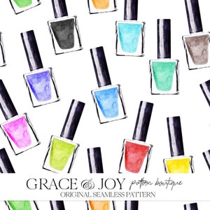 May include: A seamless pattern featuring various colours of nail polish bottles. The bottles are arranged in a repeating pattern on a white background.