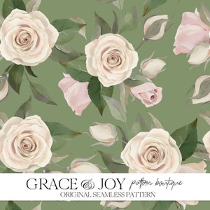 Padrão sem costura de rosas brancas - elegância floral romântica para impressão sob demanda, download digital para uso comercial, arte feminina florescendo