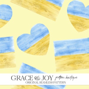 Könnte beinhalten: Ein nahtloses Muster mit blauen und gelben Aquarellherzen und Rechtecken. Das Muster befindet sich auf einem hellgelben Hintergrund. Der Text "GRACE & JOY pattern boutique ORIGINAL SEAMLESS PATTERN" befindet sich am unteren Rand des Bildes.