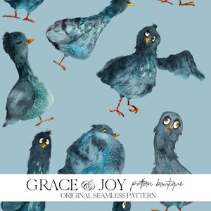 May include: A seamless pattern featuring a repeating design of blue watercolor birds with yellow eyes and orange beaks on a light blue background. The pattern is titled "GRACE & JOY pattern boutique ORIGINAL SEAMLESS PATTERN".
