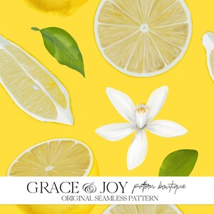 Fette di limone e motivo floreale senza soluzione di continuità - Uso commerciale, download digitale, stampa su richiesta - Arte degli agrumi, vibrazioni estive, arte della cucina, regalo