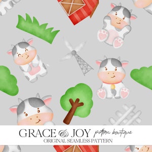 May include: A seamless pattern featuring cute cartoon cows, farmhouses, windmills, and green grass on a light gray background. The pattern is perfect for fabric, wallpaper, or other creative projects.