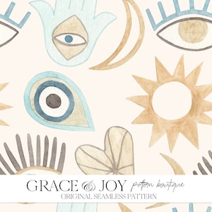May include: A seamless pattern featuring watercolor illustrations of various symbols, including a hand with an eye, a sun, a crescent moon, a heart, and an evil eye. The background is a light pink color.